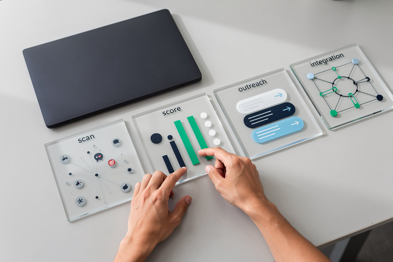 ECHOLOCATE AI customer discovery workflow showing scan, score, and outreach automation system