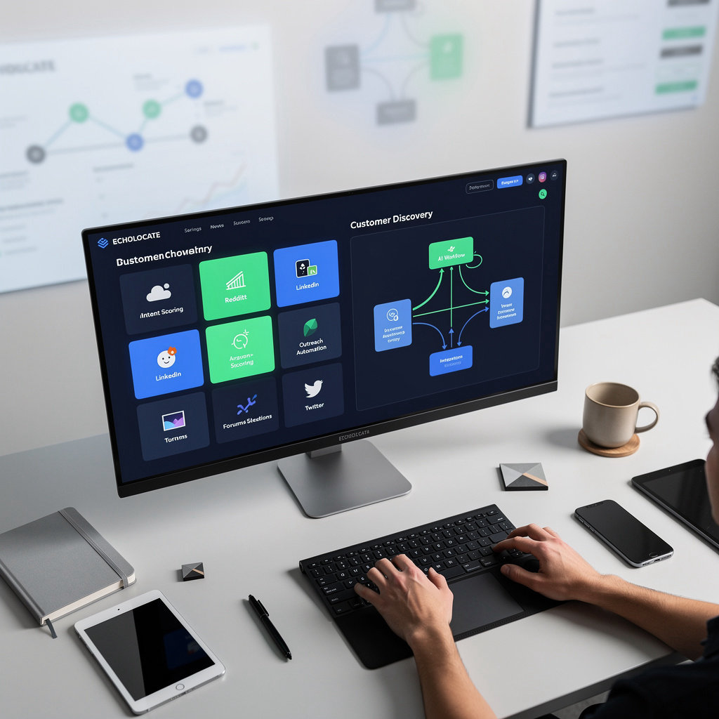 ECHOLOCATE AI customer discovery system workflow diagram showing scan, score, and outreach automation process